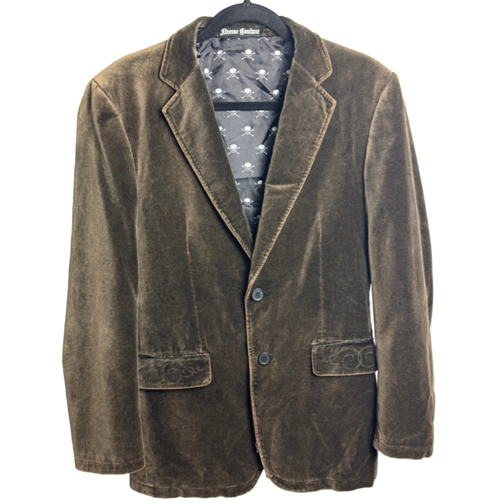 Xtreme Couture Vintage Brown Velvet Blazer 38S with Skull Lining